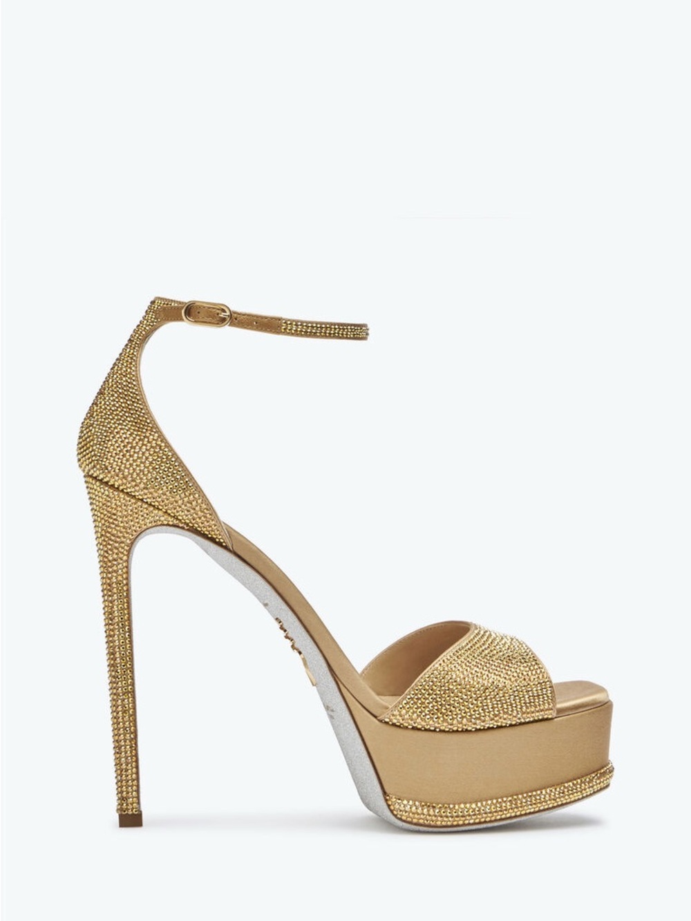 Rene Caovilla Gold Crystal Platform Ankle-Strap Stiletto Heels